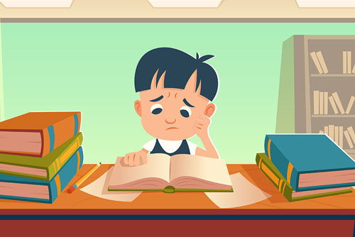 وکتور EPS پسر دانش آموز ناراحت درحال مطالعه در کلاس